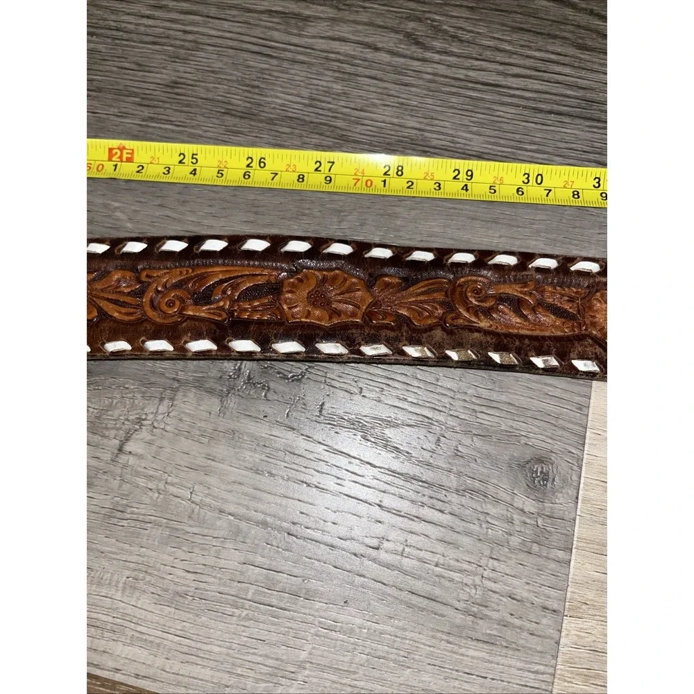 Vtg Tex-Made Tooled Leather Western Belt Size 38 Eagle Laced Snap On No Buckle